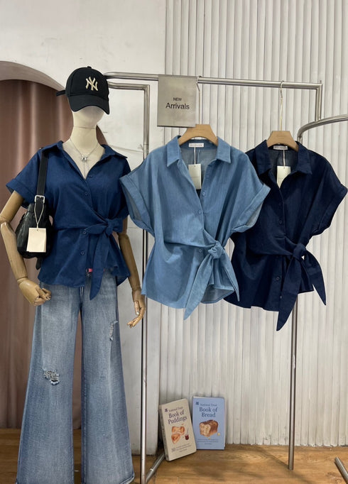 Turn Down Collar Waist Tie Design Denim Shirt